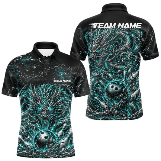 Maxcorners Cyan Custom Mytical Energy Metal Chain And Dragon Bowling Tournament Team Shirts For Men, Women And Kid
