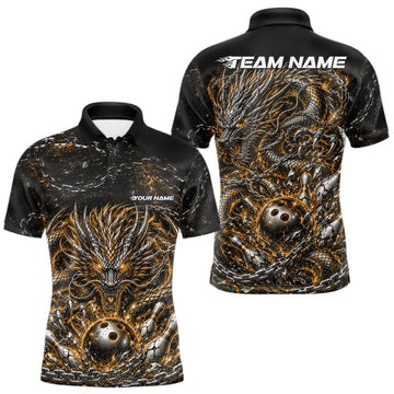 Maxcorners Yellow Custom Mytical Energy Metal Chain And Dragon Bowling Tournament Team Shirts For Men, Women And Kid