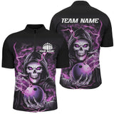 MaxCorners Bowling And Pin Purple Skull Customized Name 3D Stand Collar Zipper Polo Shirt Unisex