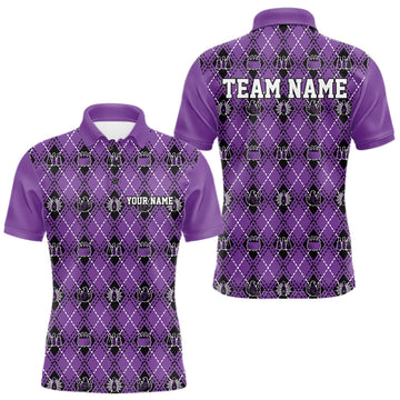 Maxcorners Custom Black And Purple Halloween Bowling Argyle Pattern Bowling Team Men Polo Shirt