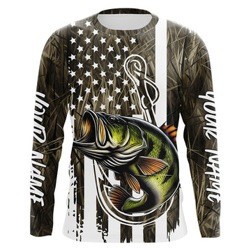 Maxcorners Lake Grass Camo US Flag Custom Largemouth Bass Patriotic Long Sleeve Fishing Shirts With Name LM0501