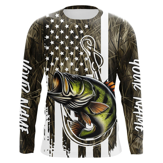 Maxcorners Lake Grass Camo US Flag Custom Largemouth Bass Patriotic Long Sleeve Fishing Shirts With Name LM0201