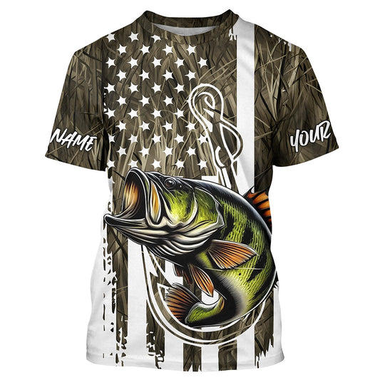 Maxcorners Lake Grass Camo US Flag Custom Largemouth Bass Patriotic Fishing T-Shirts With Name LM0501