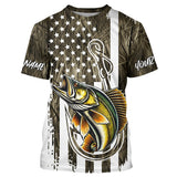 Maxcorners Lake Grass Camo US Flag Custom Walleye Patriotic Fishing T-Shirts With Name MT2108