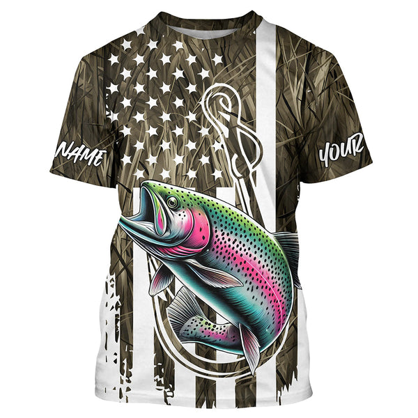 Maxcorners Lake Grass Camo US Flag Custom Rainbow Trout Patriotic Fishing T-Shirts With Name MT2108