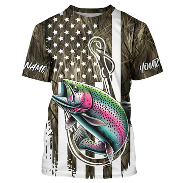 Maxcorners Lake Grass Camo US Flag Custom Rainbow Trout Patriotic Fishing T-Shirts With Name LM0501