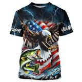 Maxcorners Blue Thunder Lightning US Flag Eagle Custom Patriotic Largemouth Bass Fishing T-Shirts MT2108