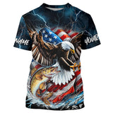 Maxcorners Blue Thunder Lightning US Flag Eagle Custom Patriotic Walleye Fishing T-Shirts MT2108