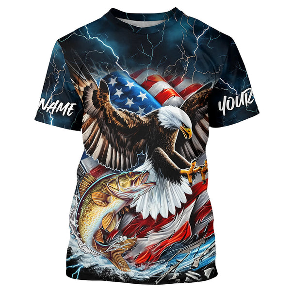 Maxcorners Blue Thunder Lightning US Flag Eagle Custom Patriotic Walleye Fishing T-Shirts MT2108