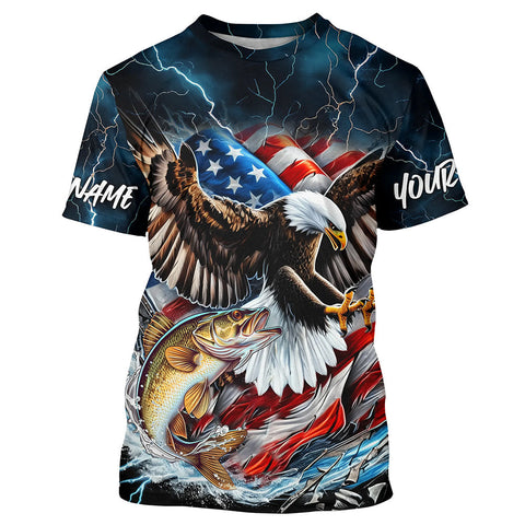 Maxcorners Blue Thunder Lightning US Flag Eagle Custom Patriotic Walleye Fishing T-Shirts MT2108