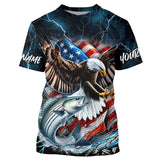 Maxcorners Blue Thunder Lightning US Flag Eagle Custom Patriotic Striped Bass Fishing T-Shirts MT2108
