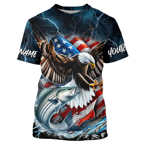 Maxcorners Blue Thunder Lightning US Flag Eagle Custom Patriotic Striped Bass Fishing T-Shirts MT2108
