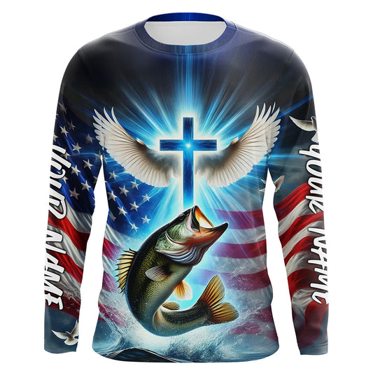 Maxcorners Custom Faith Largemouth Bass Patriotic Long Sleeve Tournament Fishing Shirt, US Fishing Jerseys LM0201