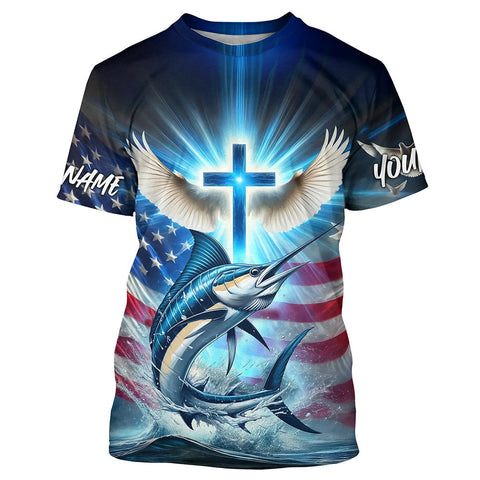 Maxcorners Custom Faith Marlin Patriotic Fishing T-Shirts, US Fishing Jerseys MT2108