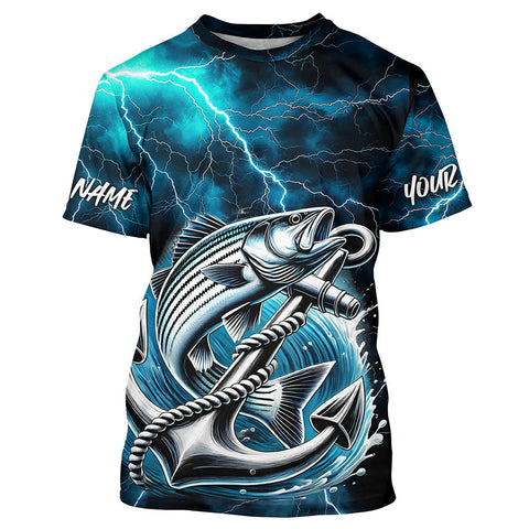 Maxcorners Blue Thunder Lightning Anchor Custom Nautical Striped Bass Fishing T-Shirts For Men MT2108
