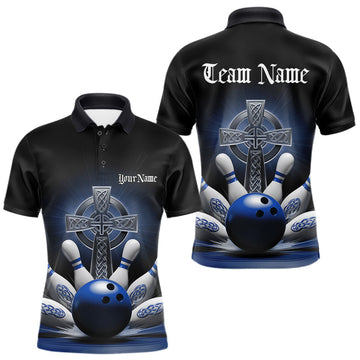 Maxcorners Custom Blue Celtic Cross Faith Bowling Polo Team Shirts For Men, Bowlers Outfits LM1005