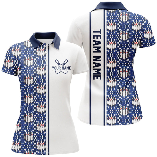 Maxcorners Blue Argyle Custom Bowling Polo Shirts For Men And Women, Custom Bowling Uniforms