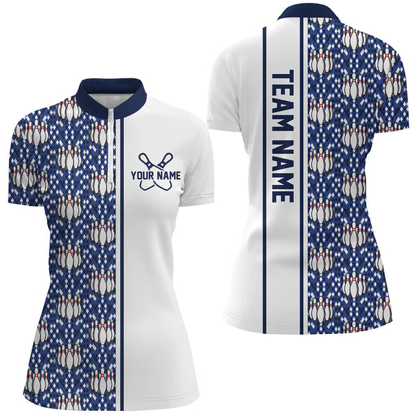 Maxcorners Blue Argyle Custom Bowling Polo Shirts For Men And Women, Custom Bowling Uniforms