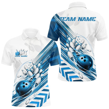 Maxcorners Custom White And Blue Motion Speed Bowling Team Men Polo Shirt, Bowling Jerseys