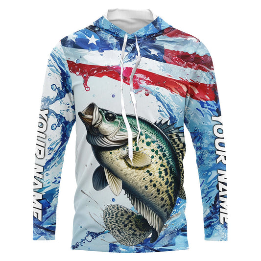 Maxcorners Personalized Patriotic Crappie Long Sleeve Fishing Shirts, American Flag Fishing Shirts LM0501