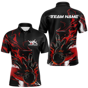 Maxcorners Custom Black And Red Camo Flame Bowling Team Polo Shirts For Men, Bowling Jerseys LM1903