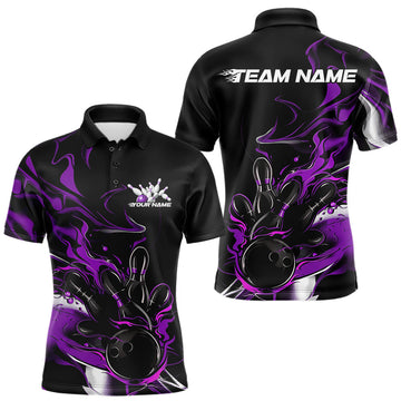 Maxcorners Custom Black And Purple Camo Flame Bowling Team Polo Shirts For Men, Bowling Jerseys LM1903