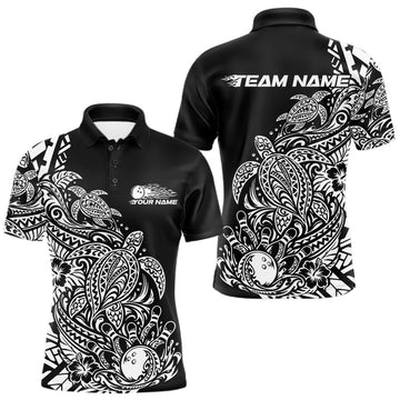 Maxcorners Custom Black And White Tribal Turtle Bowling Men Polo, Polynesian Bowling Outfit