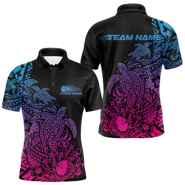 Maxcorners Custom Blue Purple And Pink Tribal Turtle Bowling Men Polo, Polynesian Bowling Outfit