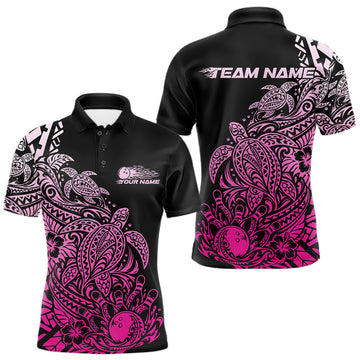 Maxcorners Custom Black And Pink Tribal Turtle Bowling Men Polo, Polynesian Bowling Outfit