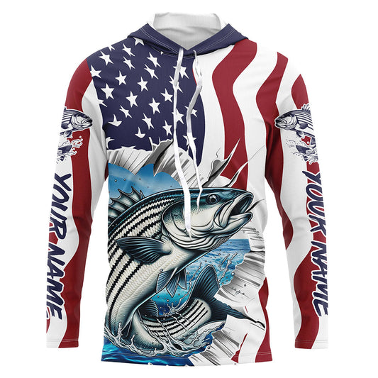 Maxcorners Custom American Flag Striped Bass Long Sleeve Fishing Shirts, Patriotic Striper Fishing Jerseys LM0501