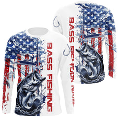 Maxcorners Custom Patriotic Largemouth Bass Long Sleeve Fishing Shirts, Watercolor US Flag Fishing Jersey LM0607