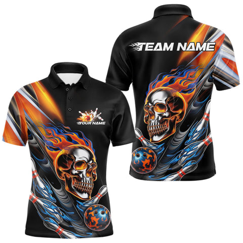 Maxcorners Custom Fire Flame Metal Skull Bowling Men Polo Shirt, Halloween Bowler Outfits LM1809