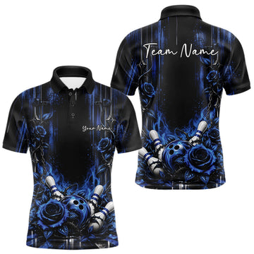 Maxcorners Custom Blue Roses Bowling Team Men Polo Shirt, Flower Bowling Jersey Gift Bowlers Outfit
