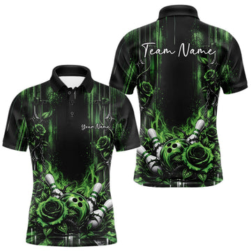 Maxcorners Custom Green Roses Bowling Team Men Polo Shirt, Flower Bowling Jersey Gift Bowlers Outfit