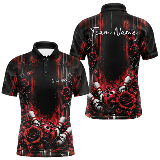 Maxcorners Custom Red Roses Bowling Team Men Polo Shirt, Flower Bowling Jersey Gift Bowlers Outfit