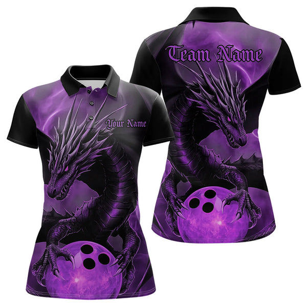 Maxcorners Black And Purple Custom Dragon Bowling Polo Shirts For Men, Dragon Bowling League Shirt