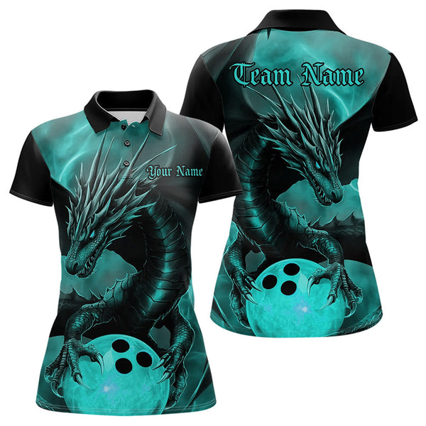 Maxcorners Black And Turquoise Blue Custom Dragon Bowling Polo Shirts For Men, Dragon Bowling League Shirt