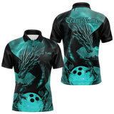 Maxcorners Black And Turquoise Blue Custom Dragon Bowling Polo Shirts For Men, Dragon Bowling League Shirt