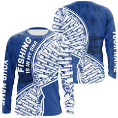 Maxcorners Blue And White Fishing Is In My DNA Custom Long Sleeve Fishing Shirts, Fishing Tools DNA LM0607