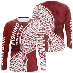 Maxcorners Red And White Fishing Is In My DNA Custom Long Sleeve Fishing Shirts, Fishing Tools DNA LM0607