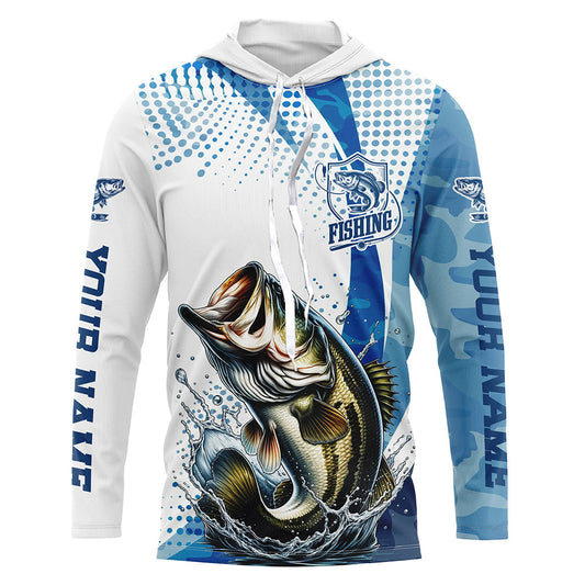 Maxcorners Custom Bass Long Sleeve Fishing Shirts, Bass Fishing Tournament Shirts | Blue Camo LM0201