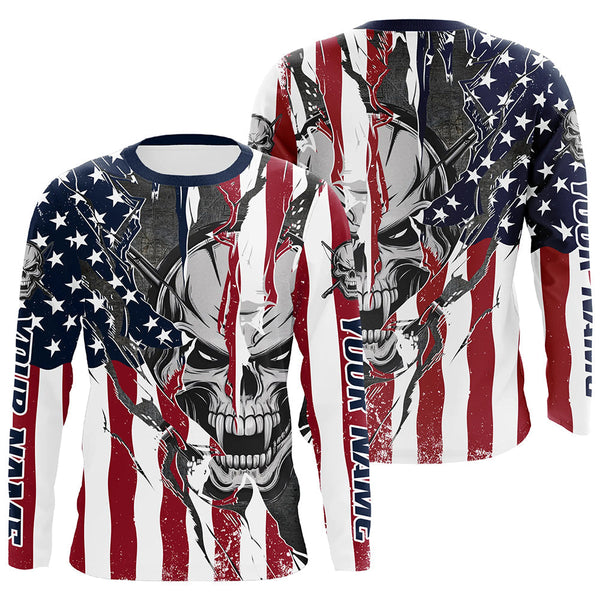 Maxcorners American Flag Custom Skull Long Sleeve Fishing Shirts, Patriotic Personalized Fishing Jersey MT2108