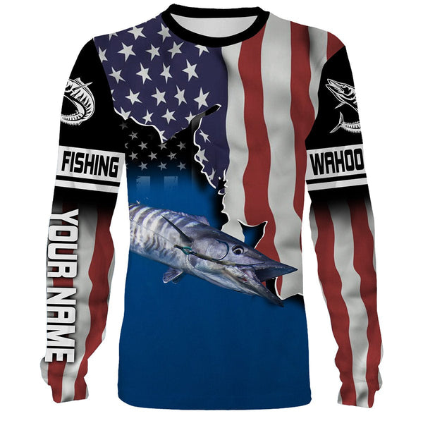 Maxcorners Wahoo Fishing American Flag Customize Name 3D Shirts