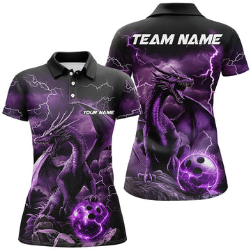 Maxcorners Black And Purple Thunder Lightning Custom Dragon Women Bowling Team Shirt, Bowling Uniform