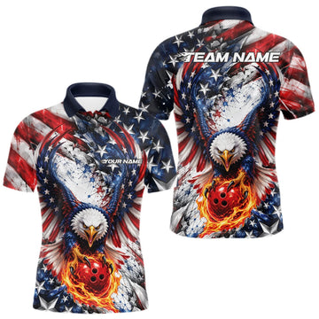 Maxcorners American Flag Eagle Custom Patriotic Bowling Jersey, Bowling Team Men Polo Shirt LM2709
