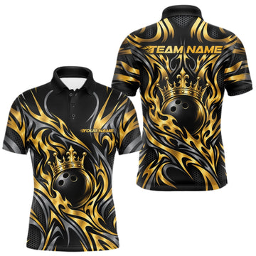 Maxcorners Custom Black And Gold Tribal Crown Bowling Team Men Polo Shirt, Bowling King Outfit LM2709