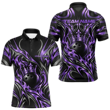 Maxcorners Custom Black And Purple Tribal Crown Bowling Team Men Polo Shirt, Bowling King Outfit LM2709
