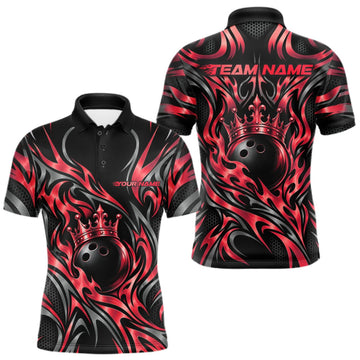 Maxcorners Custom Black And Red Tribal Crown Bowling Team Men Polo Shirt, Bowling King Outfit LM2709