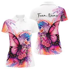 Maxcorners Custom Colorful Butterfly And Roses Flowers Bowling Women Polo Shirts With Name LM2512