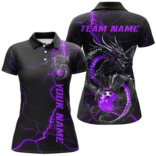 Maxcorners Black And Purple Custom Dragon Bowling Polo Shirts For Men & Women, Dragon Bowling League Shirts